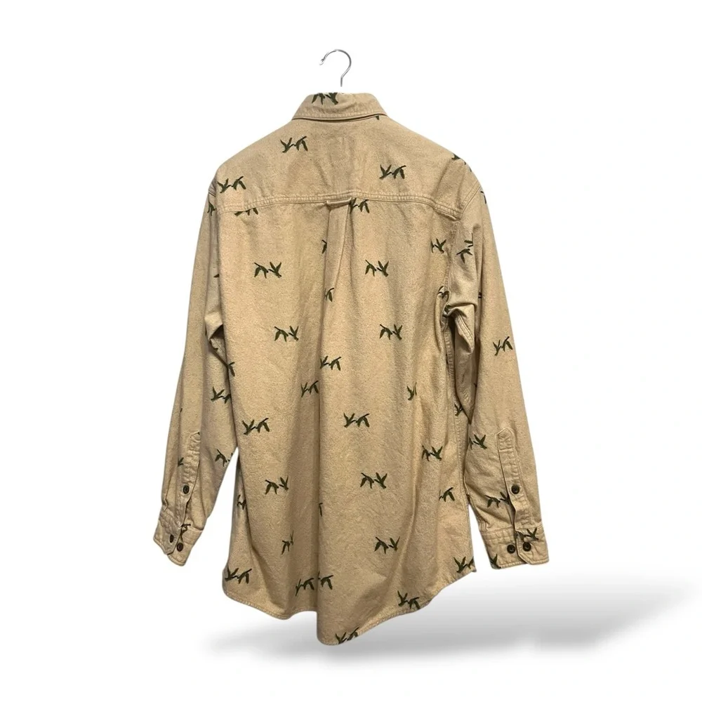 Woolrich Tan Button-Up Shirt with Green Pattern, Large